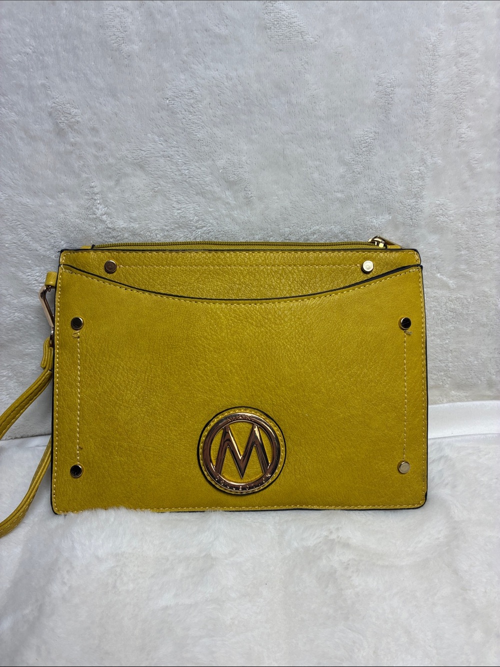 Yellow Crossbody Wristlet with Circular Emblem